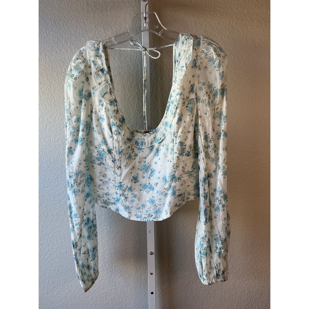 Free People Ivory Combo Floral Puff Sleeve Crop Blouse NWT Large Cottagecore - Picture 2 of 8